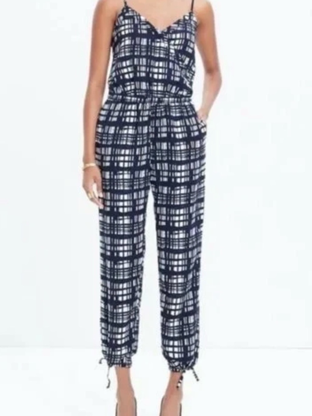 Madewell Grid-Print Spaghetti-Strap Jumpsuit